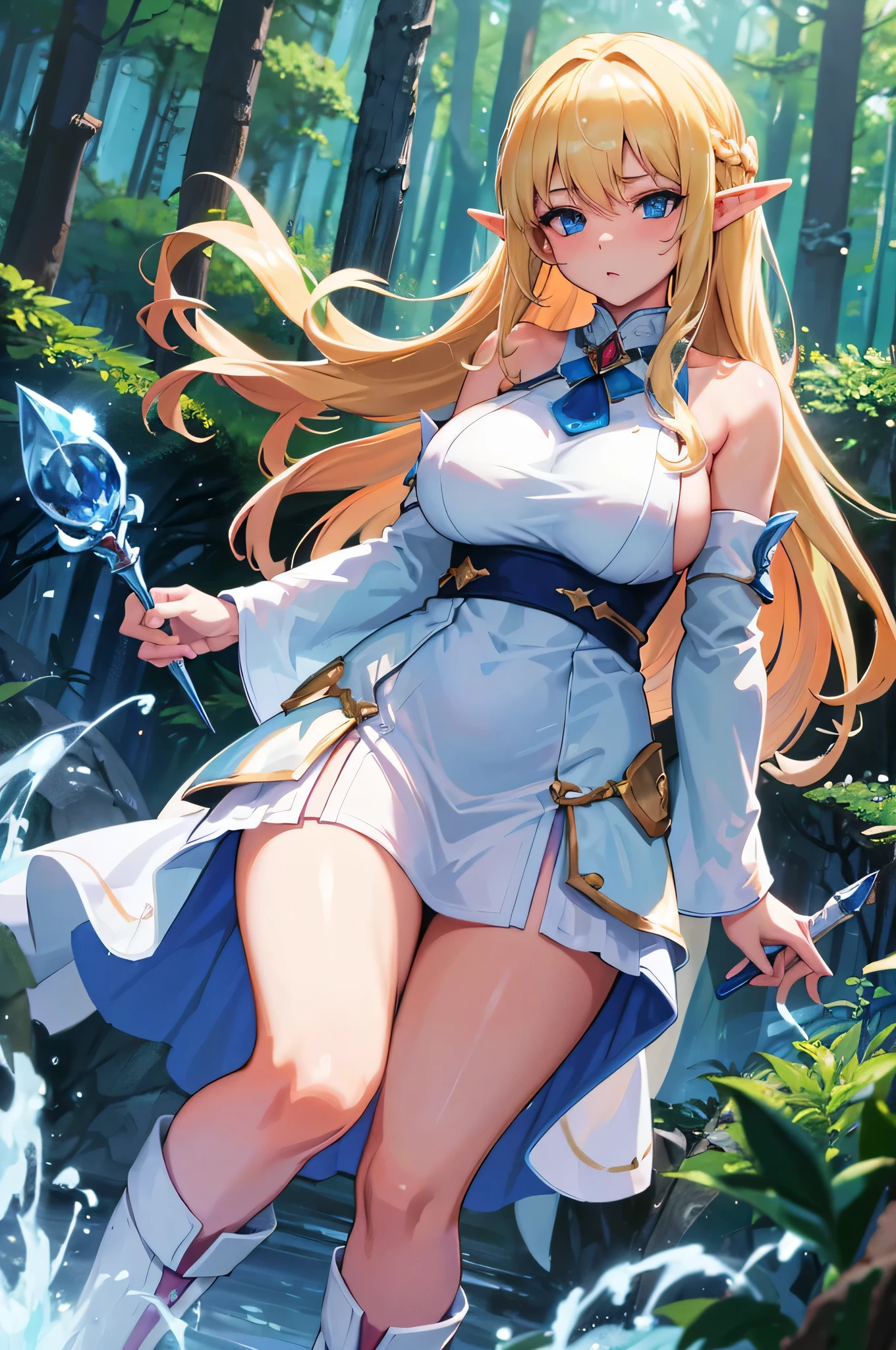 4K,High resolution,one woman,goblin,blonde,long hair,blue eyes,big breasts,wizard,White skimpy dress,white boots,magic wand,town in the forest