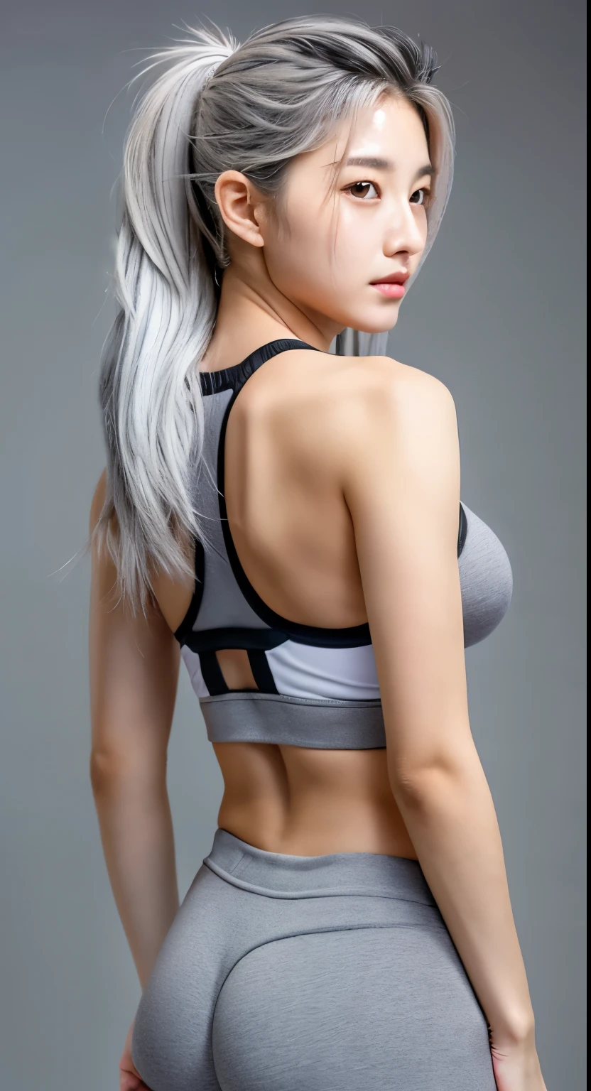 Background in Dubai, gray hair, long hair, 21 years old, korean girl, korean model, idol, wearing sport bra and short, perfect body, detailed face, 8K, realistic, sexy body, full body, gray long hair, back turned