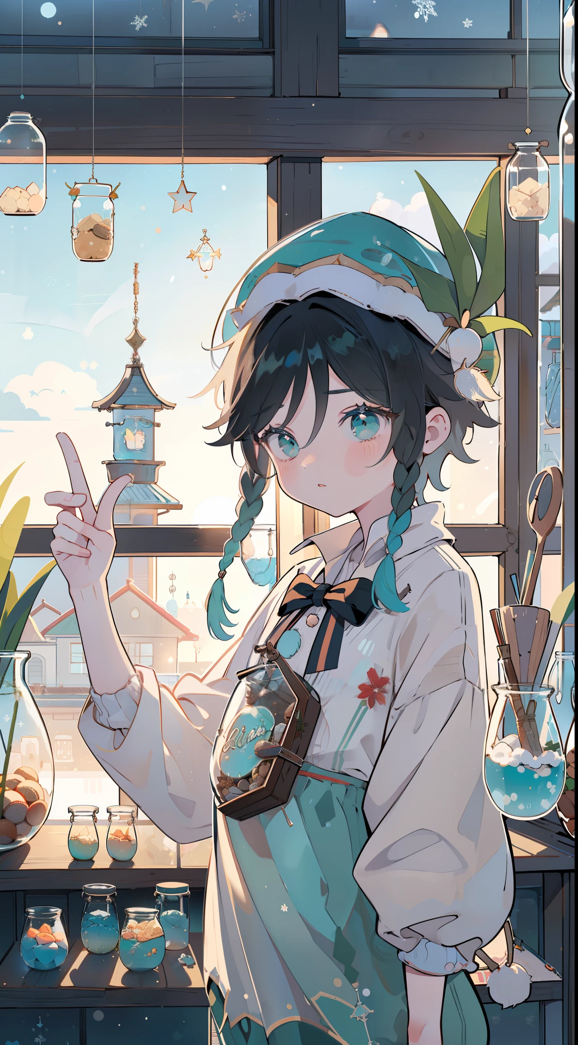 （（（（（（inside jar））））））、A boy with, ((full bodyesbian)), Wendi (genshin impact),brunette color hair, Green eyes, ((((Packed in jars))))、adolable、最small, small, Christmas atmosphere,, santa hat, Sweets and snacks, gifts, A piece of,(((Packed in jars))), (Eau, Eau泡)