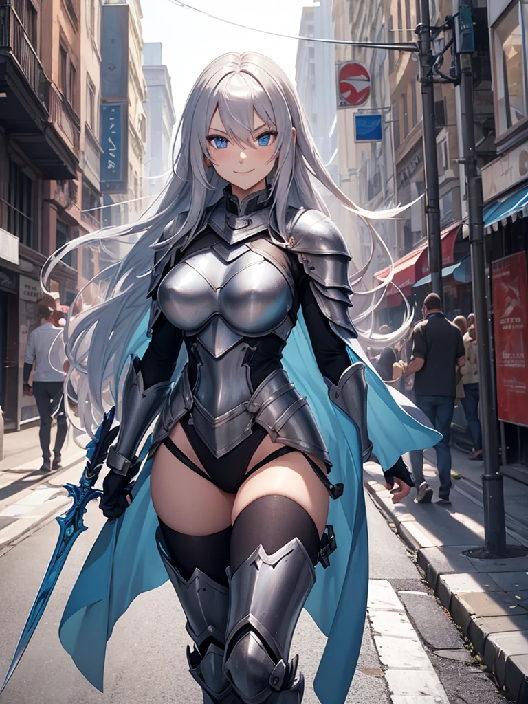 Female knight, leotard armor, long silver hair, blue eyes, smiling, walking in the crowded city, holding a weapon in hand, big bust