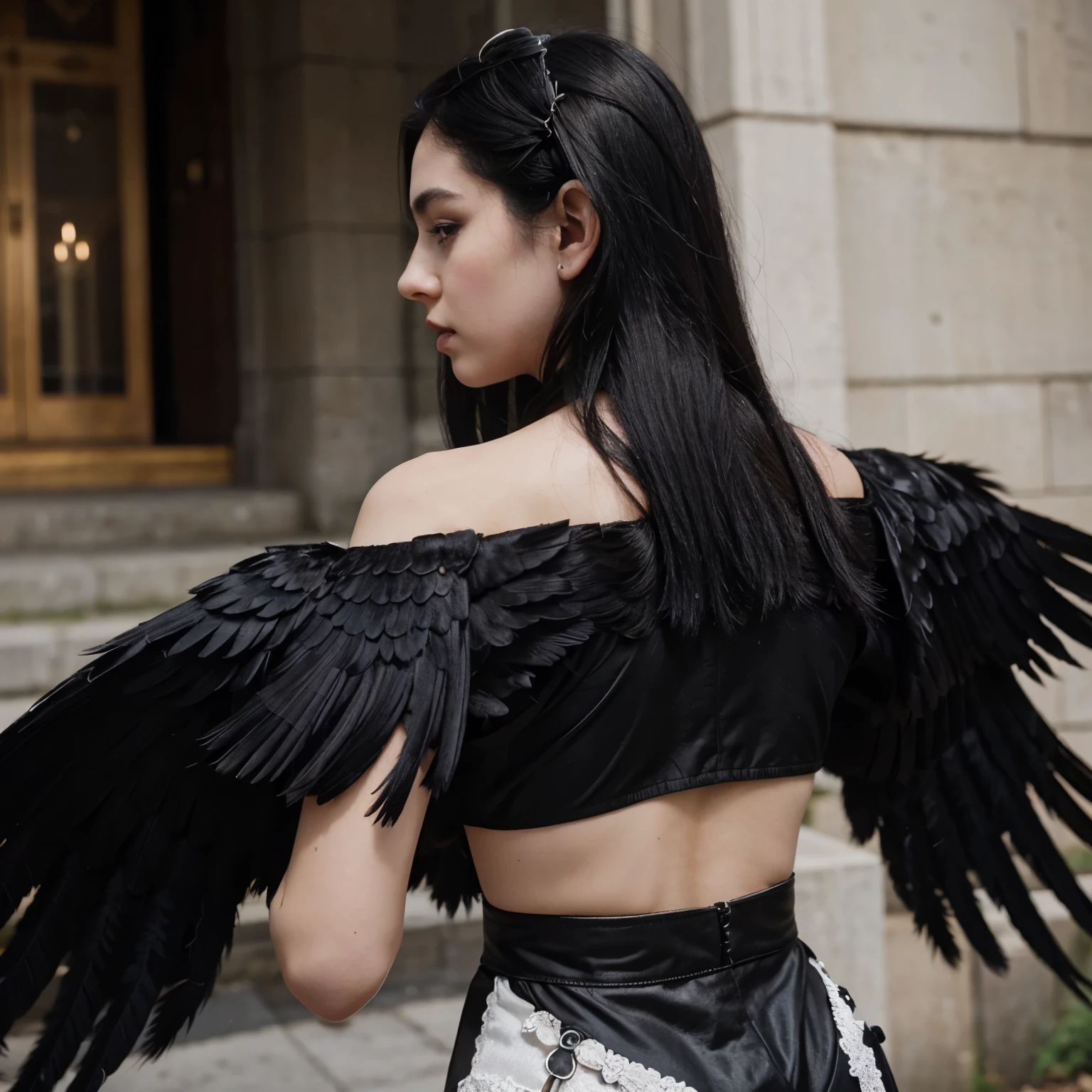 A young queen with pale skin black hair and raven wings on her back