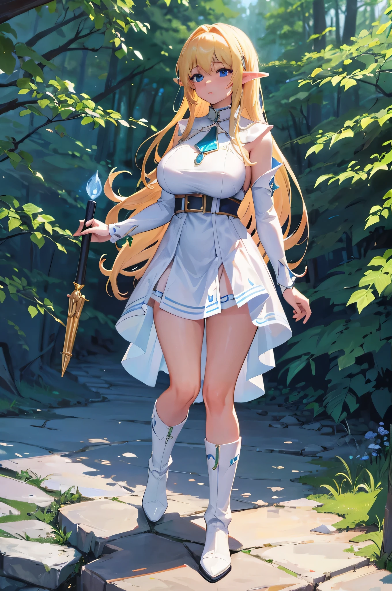 4K,High resolution,one woman,goblin,blonde,long hair,blue eyes,big breasts,wizard,White skimpy dress,white boots,magic wand,town in the forest