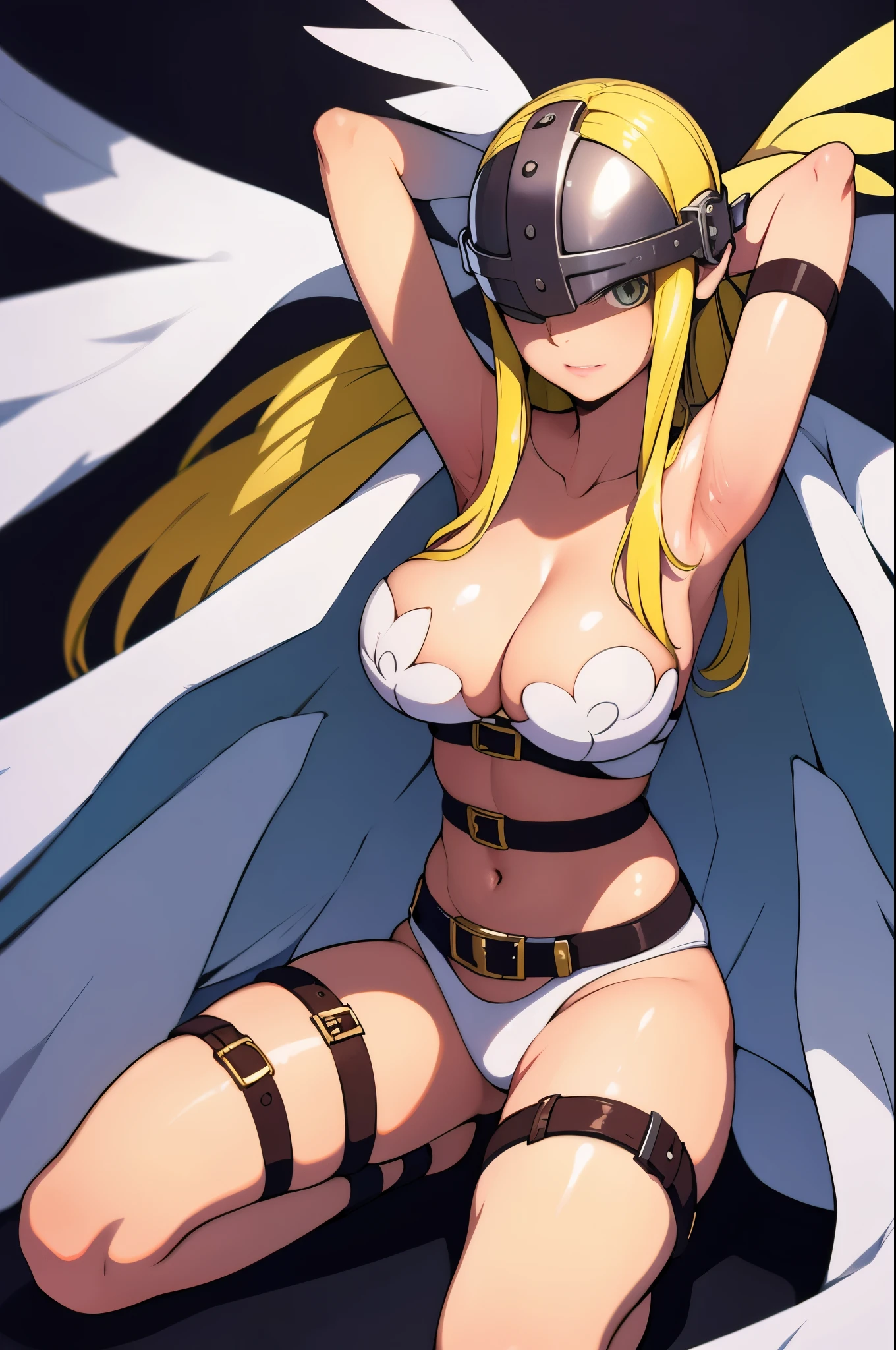 1girl, angel_wings, angewomon, arm_behind_head, armor, asymmetrical_clothes, belt, blonde_hair, breasts, buckle, cleavage, commentary_request, covered_eyes, digimon, digimon_(creature), digimon_adventure, gloves, helmet, huge_breasts, kneeling, light, long_hair, okai, photoshop_(medium), ribbon, solo, wings