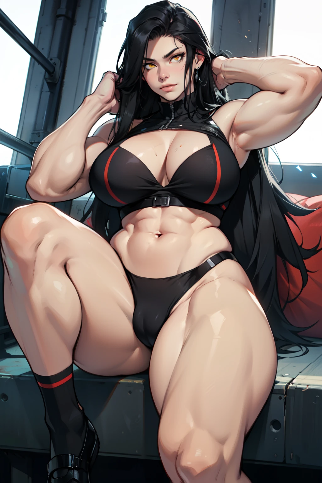 long straight hair pale skin black hair yellow eyes muscular large breasts huge thighs bet quality 