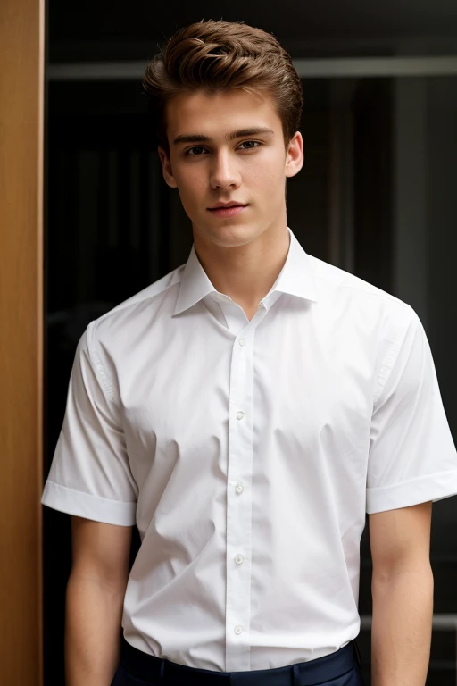 a close up of a man in a white shirt and pants, male model, short combed hair, white professional shirt, he is wearing a white professional shirt, wearing a white professional shirt, gorgeous young model, black teenage boy, beautiful young man, promotional picture, thin young male, (((full body facing the camera))), short combed hair 