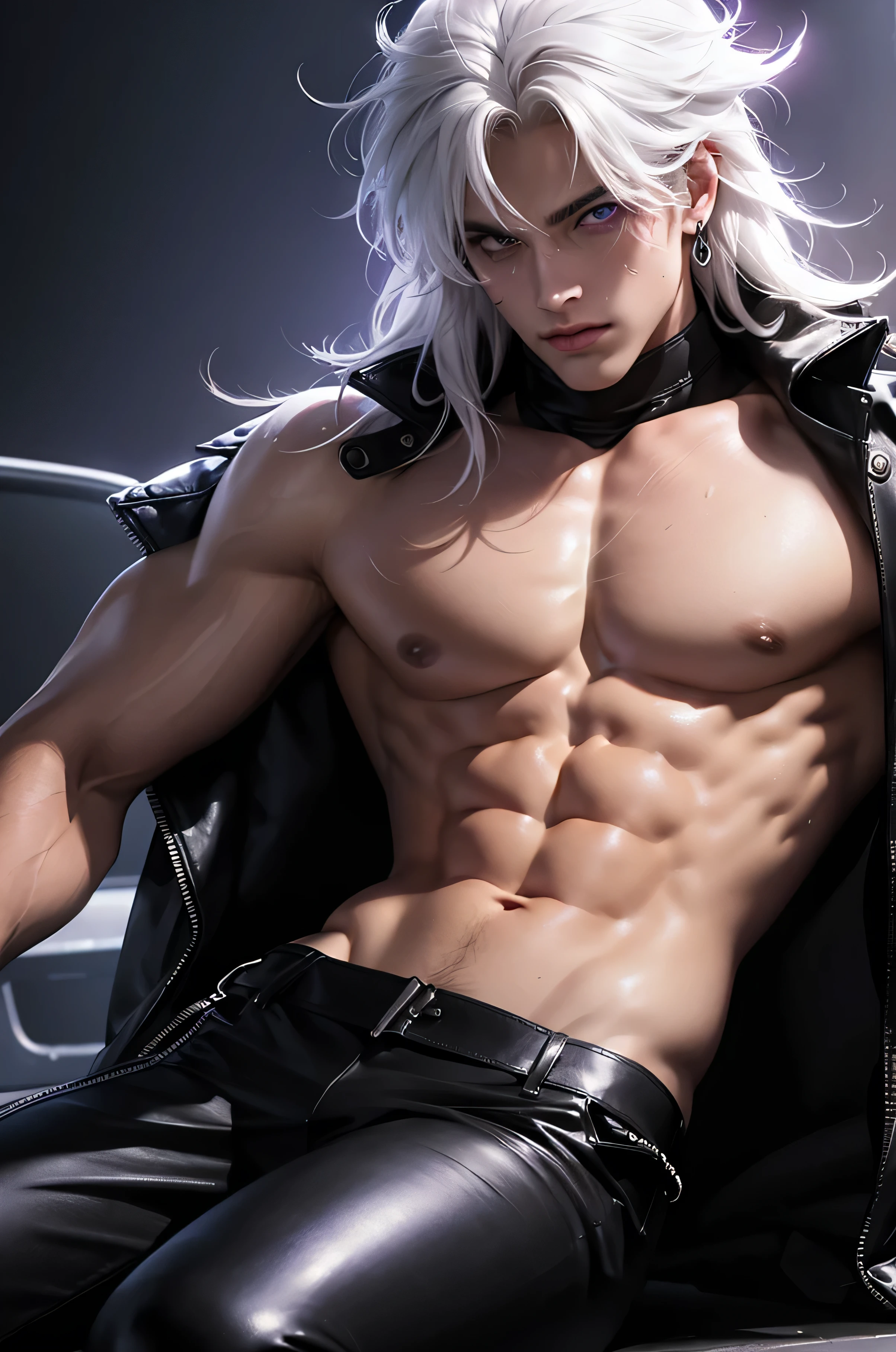 ((1 man, solo)), long fluffy hair, white hair, messy bangs, Sunkissed tan skin, purple magenta eyes, handsome, gloves, earrings, veins on arms and hands, sweaty skin, tight leather outfit, turtleneck, leather pants, white happy trail, big pectorals, abs, plump ass, narrow waist, Cinematic lighting, hyper HD, close up, Masterpiece, High details, (badass dynamic pose))