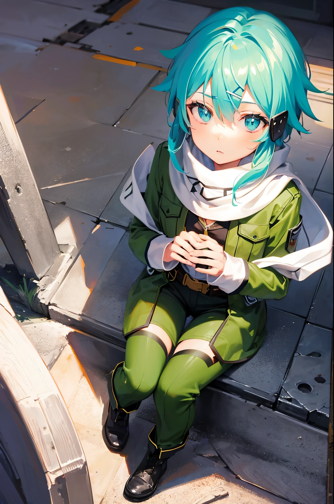 (masterpiece), best quality, expressive eyes, perfect face, highres, sinon1, scarf, fingerless gloves, long sleeves, short shorts, hair ornament, hairclip, green thighhighs, green jacket, thigh strap, field, ruins background, ruined structures, standing, portrait,  looking at the viewer, (from above:2)