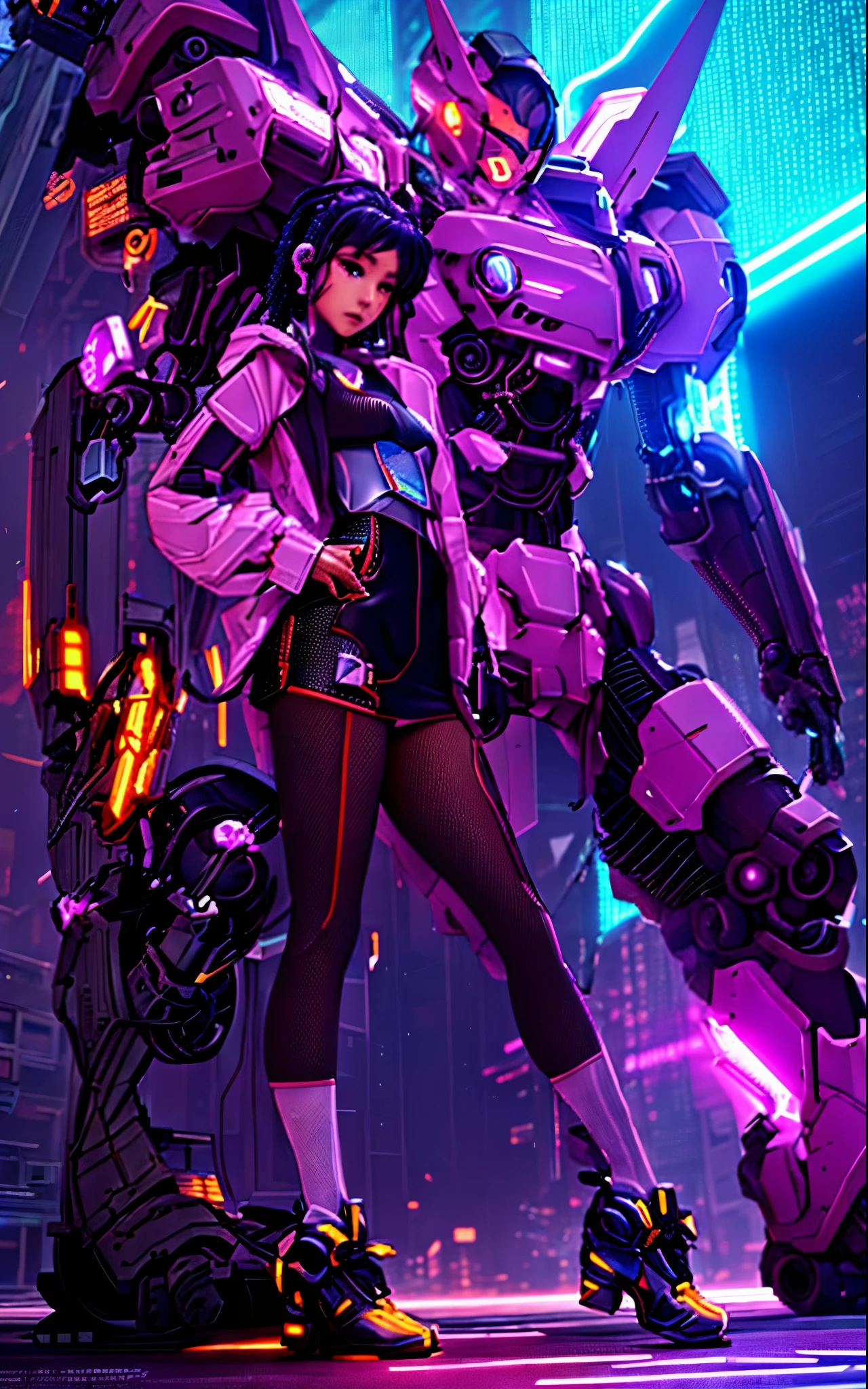 (Cyberpunk anime girl mecha, 8k quality, Guweiz, Russell Dongjun Lu, Ross tran and other well-known artists signature style), construct unique patterns, (detail setting + fluorescent glow) and (digital art special effects + cool network armor) to create a gorgeous cyberpunk future.