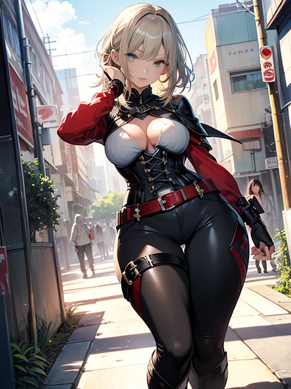 high quality, High resolution, super detailed, High level image quality, high quality, anime illustration, (Beautiful detailed eyes: 1.2), detailed eye description, (finely detailed eyes and detailed face:1.3), (Highly detailed CG, best shadow:1.1), Depth of field and blur, (perfect details: 1.1) , digital illustration, エナメルart, center, watercolor painting, artステーション, コンセプトart, character sheet, Lightning Wave, 美しいアニメwatercolor painting, Bright colors, sharp focus, art::Kim Hyun Tae, small details, intricate details, High leg, big breasts, huge ass、curvaceous body, detailed eye description, Bright colors, sharp focus, realistic skin texture、whip body,short cut hairstyle, (blonde) hair color, (black) eye shadow, (nude) Lip color, (red) and (black) checkered corset, (black) leather pants, (black) boots, As for accessories (Silver) sword, (Money) belt, (red) cape, The background is (white) and (Money) Luxurious castle, Face the soldier in (green) and (Silver) armor.