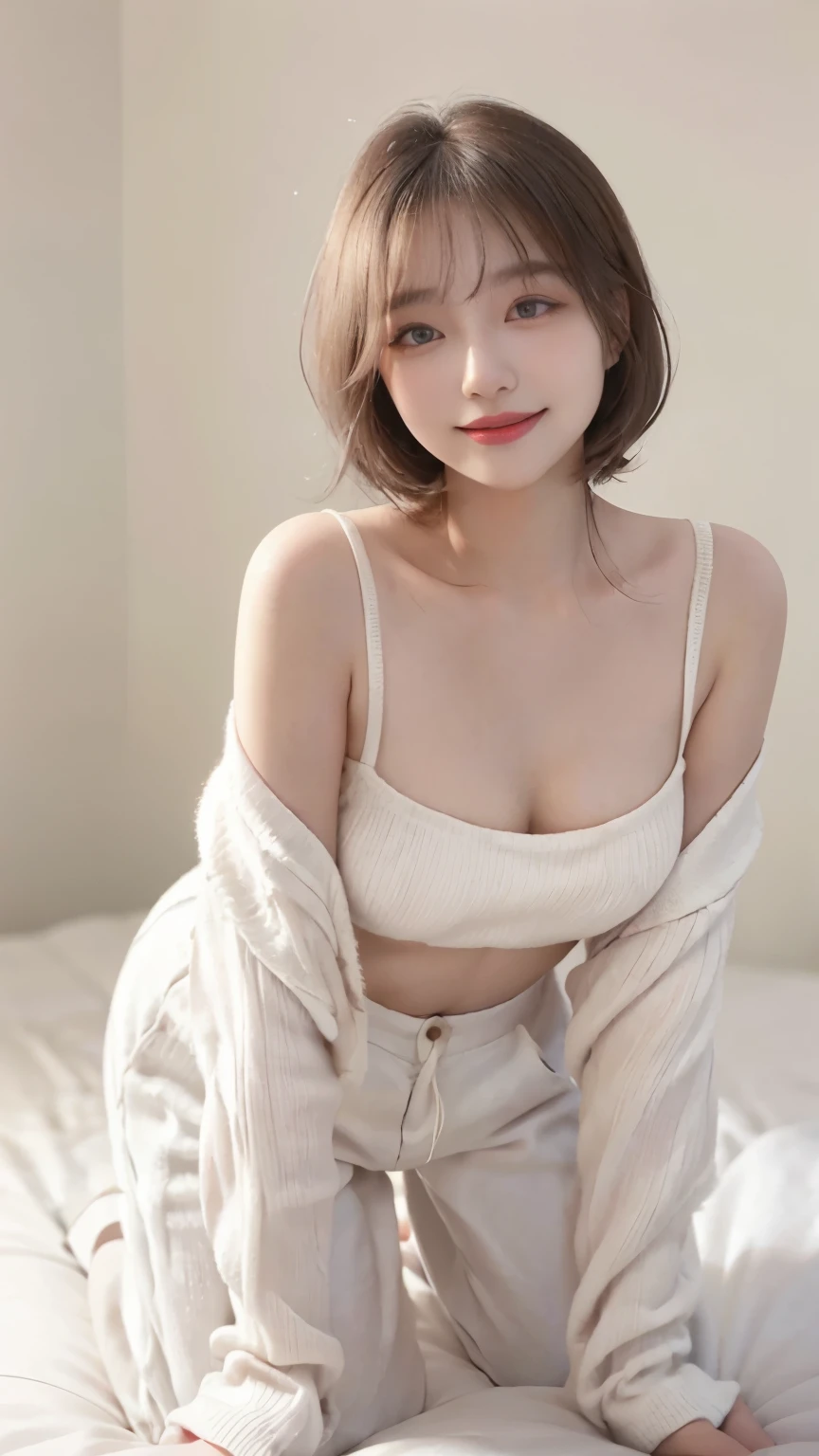best image quality、RAW photo、ultra high resolution、21 years old Korean、small breasts、dynamic angle、cowboy shot、The most beautiful forms of chaos、elegant、innovative design、vivid colors、beautiful white hair、short bob、smile、glossy white skin、beautiful eyes with random colors、Very beautiful eyes down to the details、thin lips、detailed beautiful eyes、elongated eyes、pale pink cheeks、long eyelashes、beautiful double eyelids、eye shadow、city、White big sweater、baggy pants、shot from the side、get down on all fours、sexy pose、zoom up