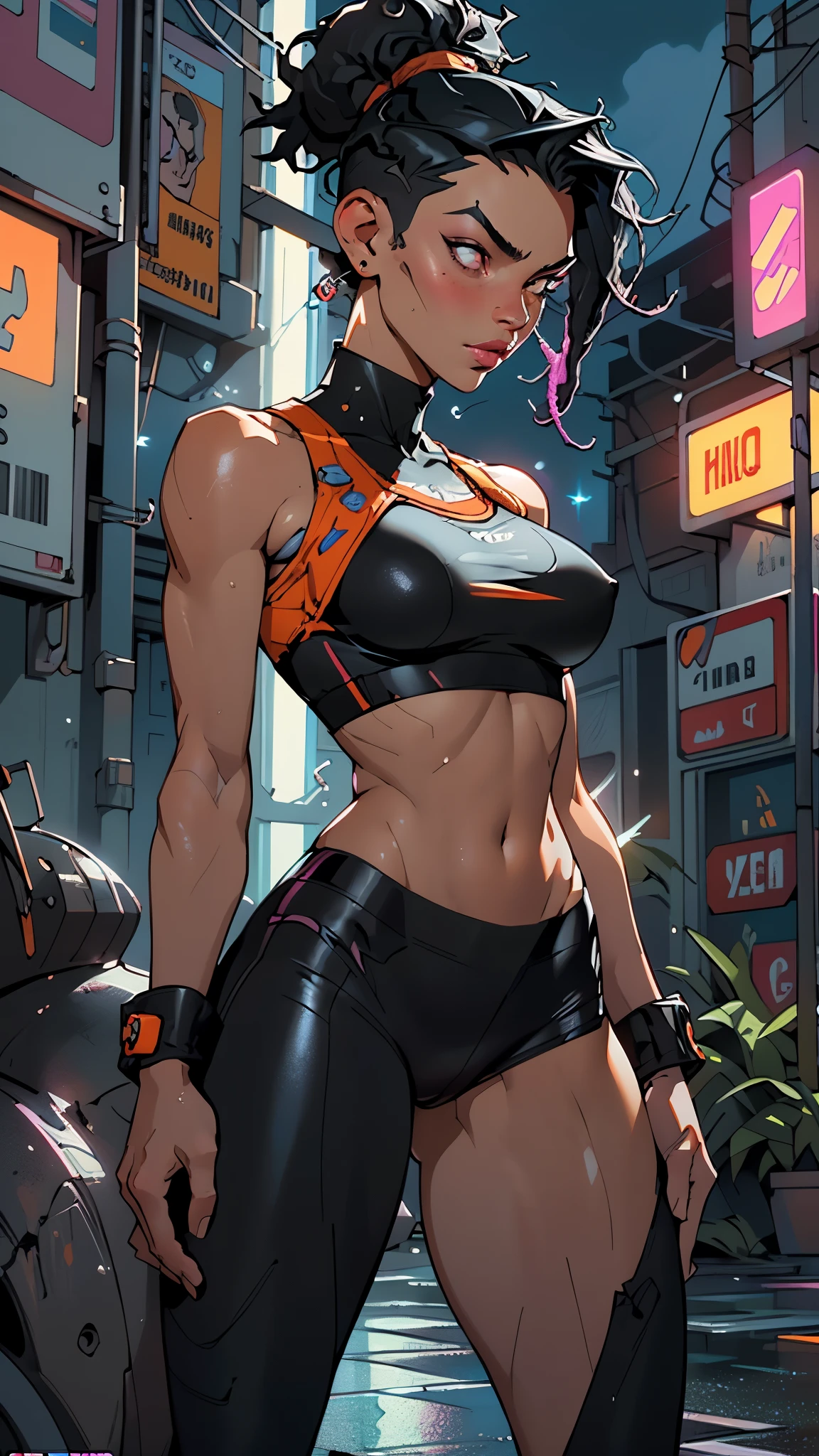 girl sporty,((attractive girl)),

(large breasts:1.4),saggy breasts,(((black hair:1.4,hi-top fade Haircut:1.5,hi-top fade:1.5,ponytail hairstyle with dreadlocks:1.5))),((heterochromia:1.5, (orange_eye and yellow_eye))),intricate eyes,beautiful detailed eyes,symmetrical eyes,((fat))(((lustrous skin:1.5,bright skin: 1.5,skin tanned,shiny skin,very shiny skin,shiny body,plastic glitter skin,exaggerated shiny skin,illuminated skin, wet legs))),(spider lower abdomen,narrow waist,wide hip,athletic body,inflated legs, thick thighs,detailed body,(detailed face)),

cute,slutty,seductive,erotic,(((nsfw))),

((tight sports bra, tight sports panties, (orange and black clothes))),(((underboob))),((wet clothes,intricate outfit,intricate clothes)),

(dynamic pose:1.0),coquette,look of security, determined,(centered,scale to fit dimensions,Rule of thirds),

cyberpunk city by the ocean at night, with bright neon signs and dark stormy clouds and puddles, scenery:1.25,nighttime, starry night, cosmos,Very dark night that makes the neon lights stand out, very bright neon lights,

artistic photography,(photography taken by sldr),highres, sharp focus,(ultra detailed, extremely detailed), (photorealistic artwork:1.37),(extremely detailed CG unity 8k wallpaper),((synthwave background theme)),(((vibrant colors))),intricate,(intricate background),(masterpiece),(best quality),perfect rendered face,perfect face details,realistic face,photo realistic,analog style,((intricate detail)),(((realism))),
