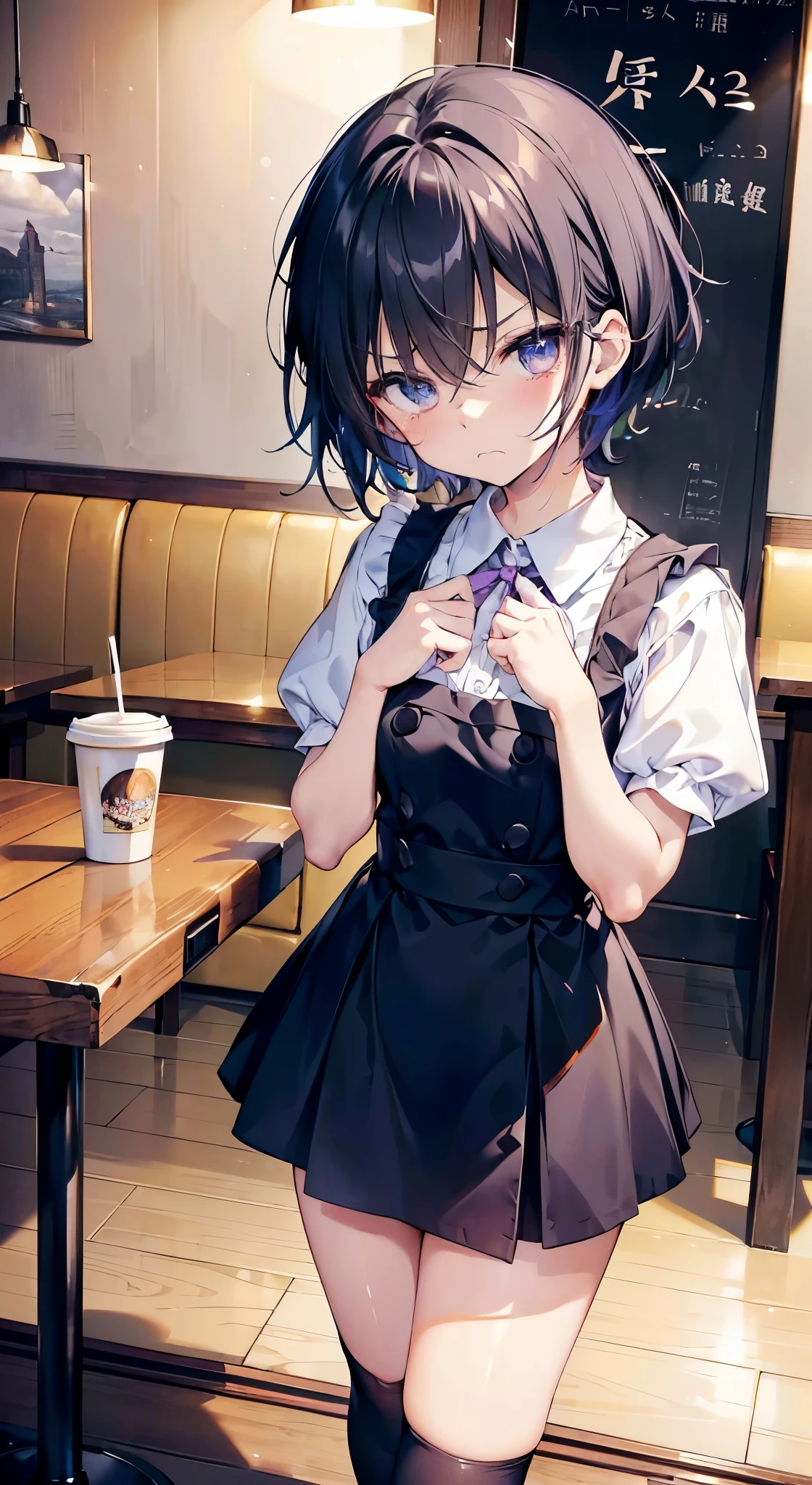 highest quality、masterpiece、22 years old、shed tears:1.2、small head、Very close、light purple eyes、black hair、Flustered appearance、((slouch、beautiful eyes、Put your hands on the table、boyish:1.3、とてもshort hair))、Inside the restaurant、crowded、Lots of guests、coffee shop、waitress:1.3、8k、((knee socks、short skirt、((frown、embarrassing:1.2、upward glance、glare))、thin legs))、naughty pose、short hair、((Close connection、proximity))、Angle from above、sunlight shines in