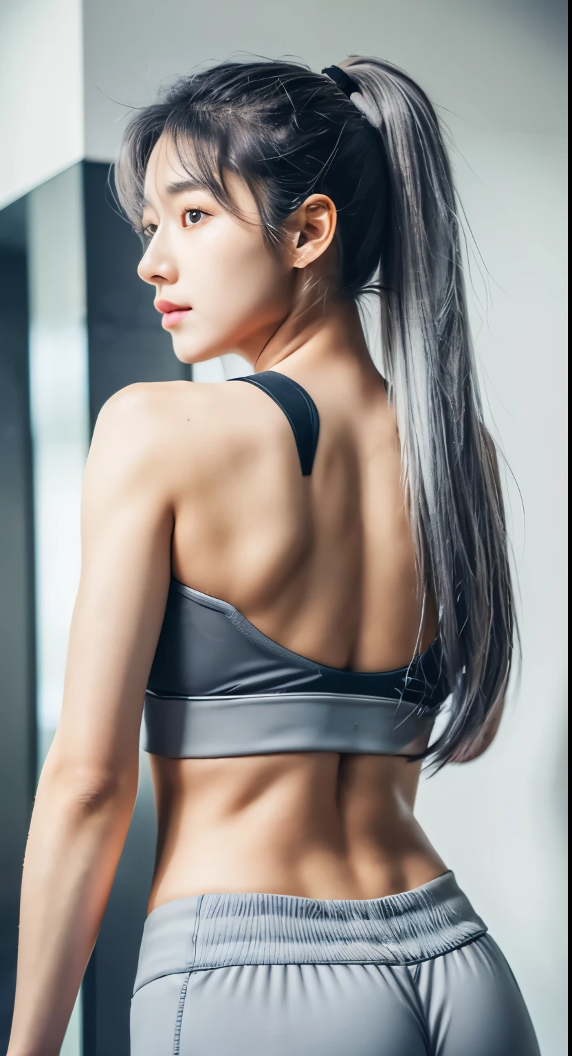 gray hair, long hair, 21 years old, korean girl, korean model, idol, wearing sport bra and short, perfect body, detailed face, 8K, realistic, sexy body, full body, gray long hair, back turned