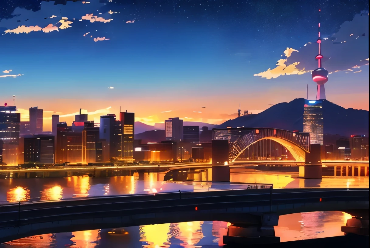 araffe bridge over a river with a ((modern city)) at ((sunny morning)) with many clouds in the background of mountain, namsan tower, seoul city, beautiful cityscape, super wide view of a cityscape, city in background, south korea, city backdrop, city in the background, daytime, clouds, city scape, city in backround, mountain in background, pixiv, hd anime cityscape, anime style cityscape, anime scenery concept art, beautiful anime scene, anime art wallpaper 4k, anime art wallpaper 4 k, beautiful anime scenery, anime background art, anime scenery, anime landscape, anime background, painterly, trending in pixiv, award winning, best quality, masterpiece, hd, high resolution, stunning