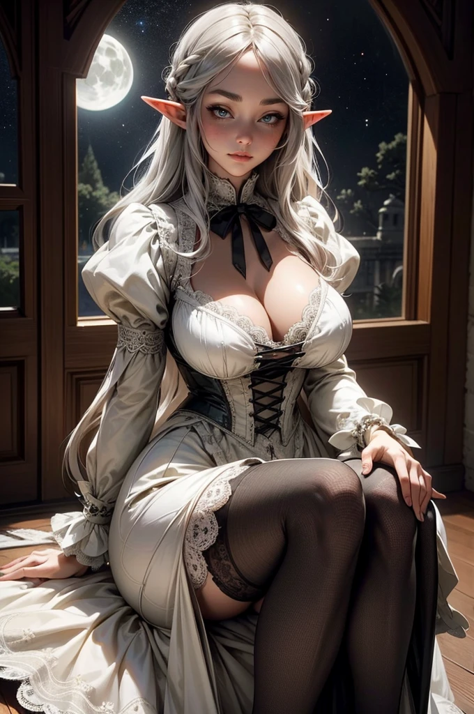 {-erro_de_anatomia:1.0} Moonlit night, sexy elf young victorian girl, very big breasts, white dress, victorian dress, sexy see-through underwear with lace, Beautiful Woman, happy face, gray hair, long hair, sitting on the floor,1 girl