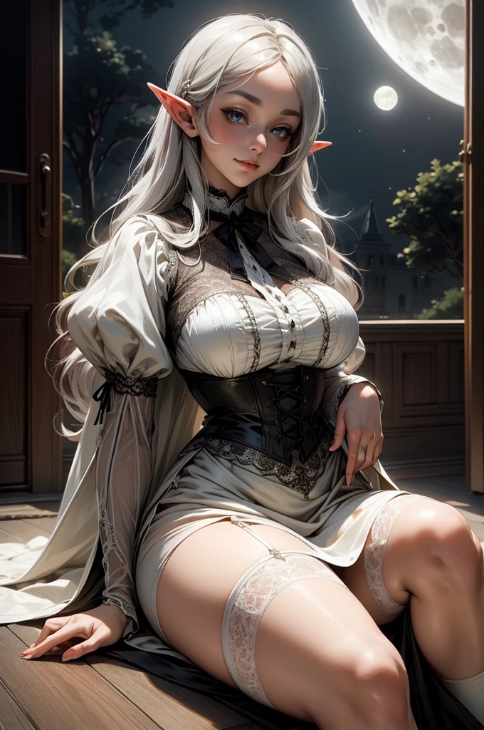 {-erro_de_anatomia:1.0} Moonlit night, sexy elf young victorian girl, very big breasts, white dress, victorian dress, sexy see-through underwear with lace, Beautiful Woman, happy face, gray hair, long hair, sitting on the floor,1 girl