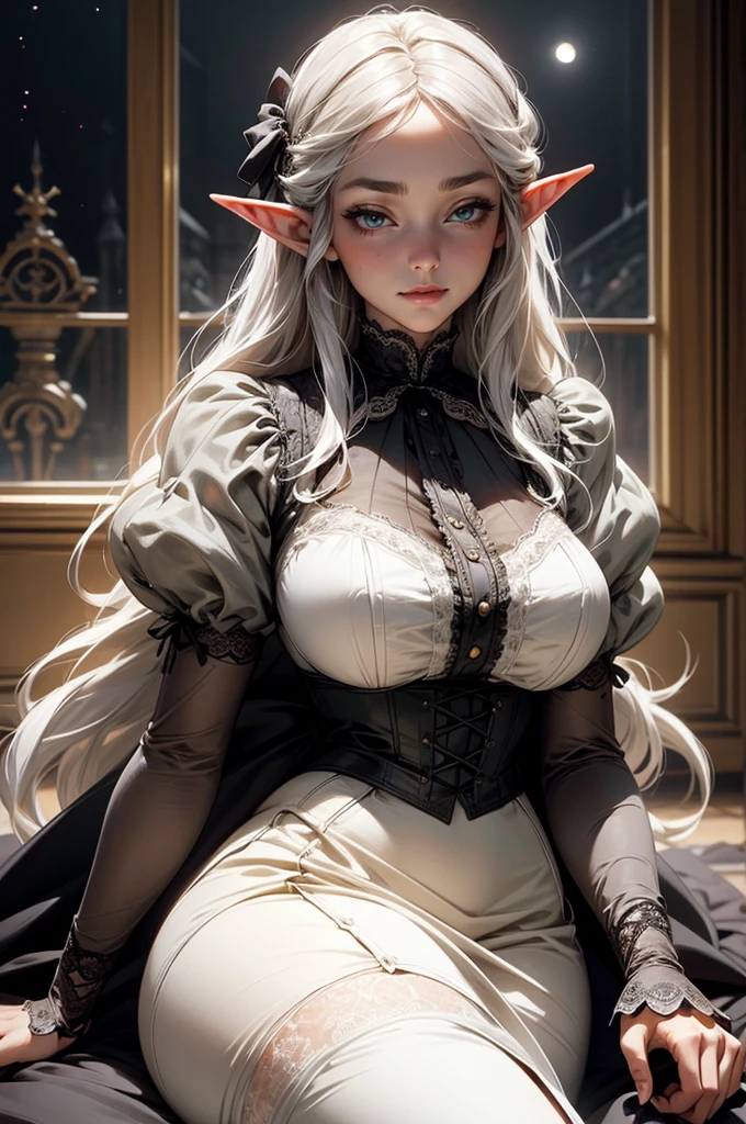 {-erro_de_anatomia:1.0} Moonlit night, sexy elf young victorian girl, very big breasts, white dress, victorian dress, sexy see-through underwear with lace, Beautiful Woman, happy face, gray hair, long hair, sitting on the floor,1 girl