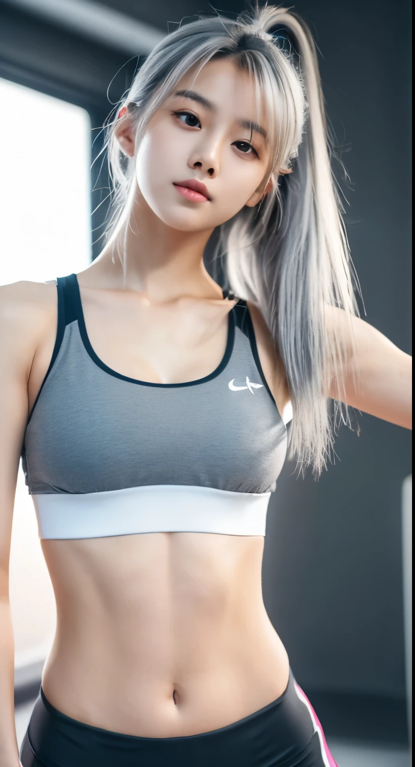 gray hair, long hair, 21 years old, korean girl, korean model, idol, wearing sport bra and short, perfect body, detailed face, 8K, realistic, sexy body, full body, gray long hair, back turned 
