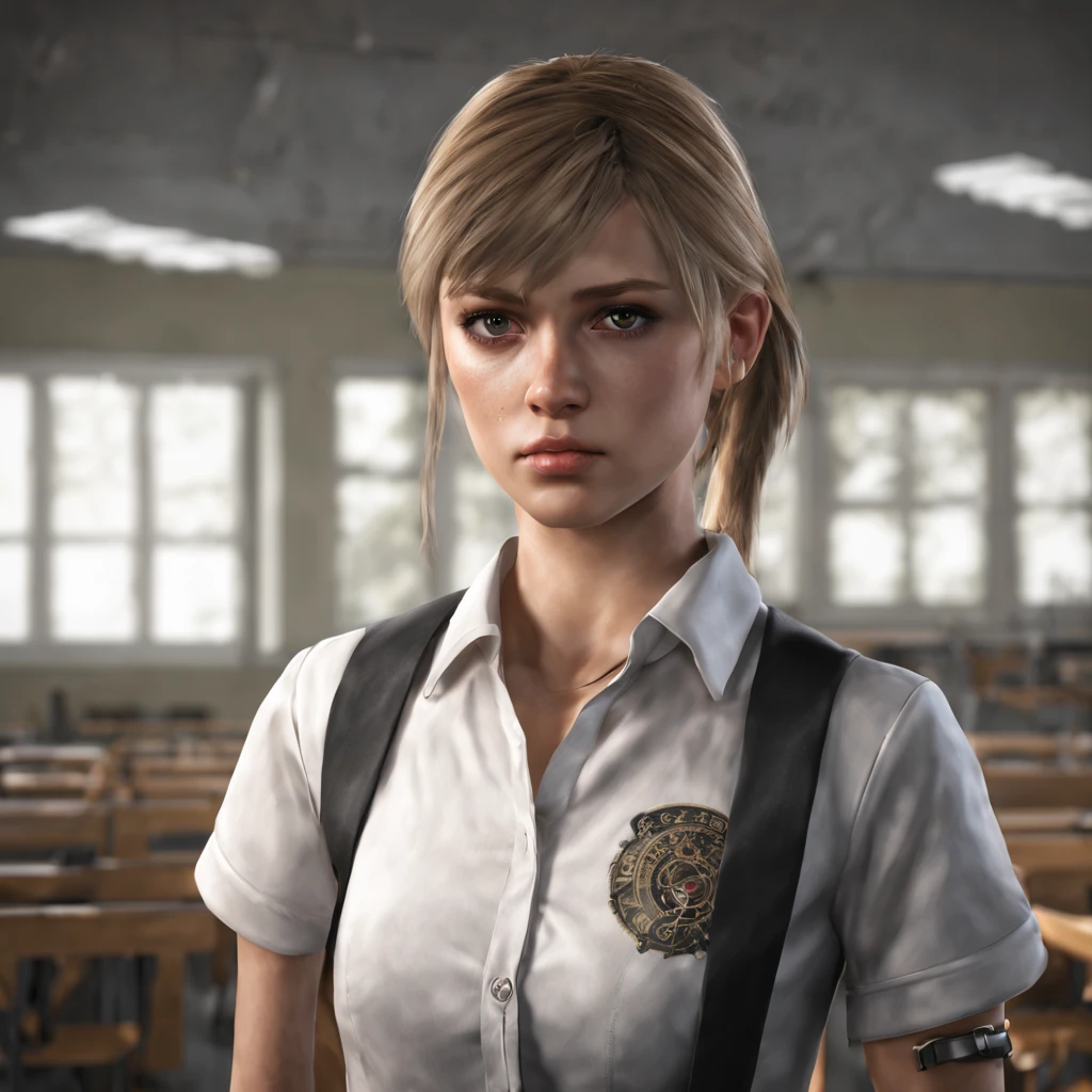 1girl, portrait of shot of re4ashley, athletic, black school uniform, white shirt, classroom, volumetric lighting, best quality, masterpiece, intricate details, tonemapping, sharp focus, hyper detailed, trending on Artstation, realistic,