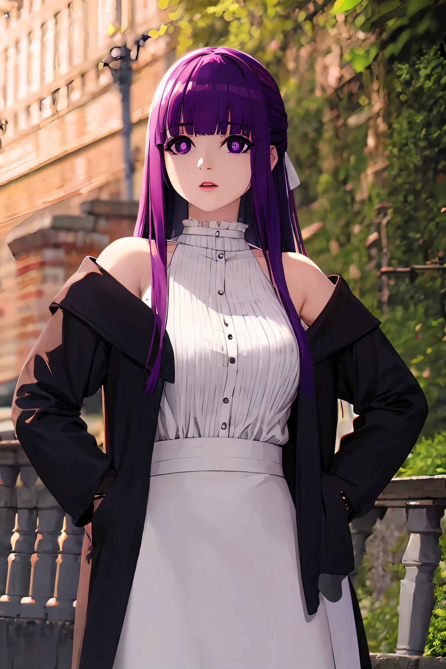 fern, long hair, bangs, (purple eyes:1.1), purple hair, sidelocks, blunt bangs, (bright pupils:1.5), half updo, BREAK cleavage, polka dot, white camisole, white skirt, off shoulder, blue jacket, striped jacket, open clothes, long sleeves, sleeves past wrists, midriff, BREAK looking at viewer,walking,pose, hand on hip BREAK outdoors, BREAK (masterpiece:1.2), best quality, high resolution, unity 8k wallpaper, (illustration:0.8), (beautiful detailed eyes:1.6), extremely detailed face, perfect lighting, extremely detailed CG, (perfect hands, perfect anatomy),