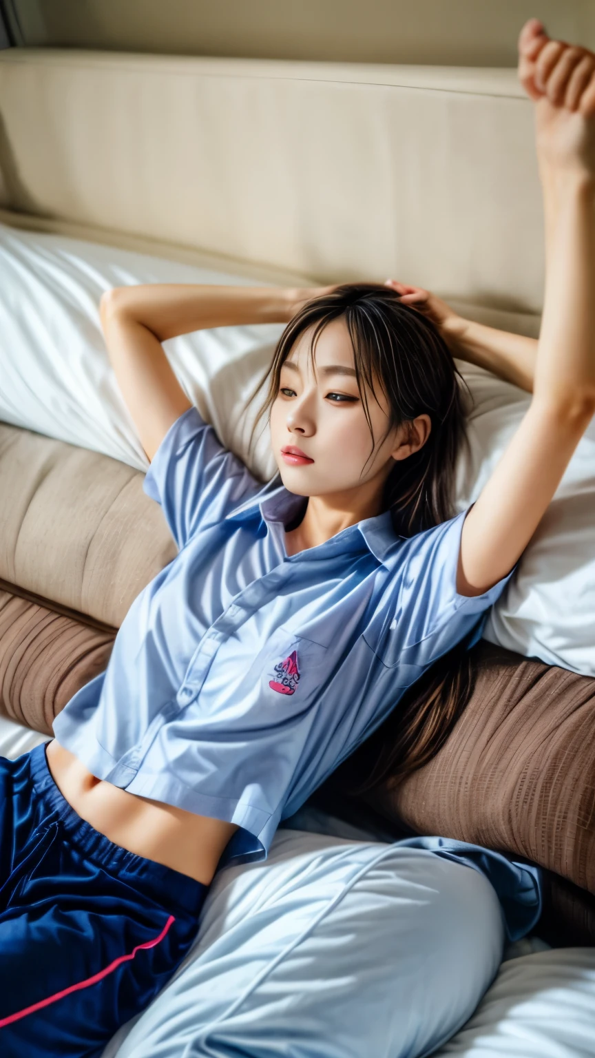 friendship,2 girls in the piano room, Navy blue short-sleeved shirt,Navy Long Trackpant,Sweatpants, Sweatpantsขายาว,25 year old girl, lesbian, sexy, lying in bed., exercise clothes