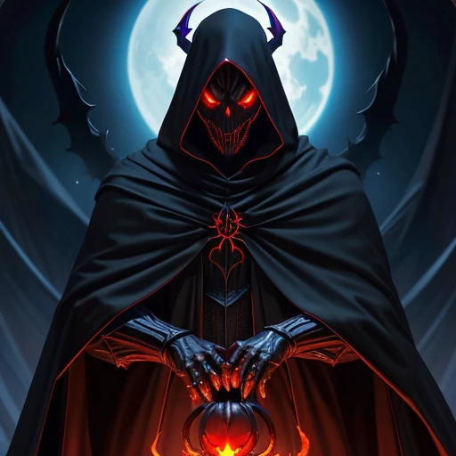 a demonic looking spider with glowing eyes and a long black cloak, with red glowing eyes, evil looking, the reaper as a scary, evil villain grin, evil smile and glowing eyes, evil villain, with glowing red eyes, dark supervillain, red glowing eyes, ainz ooal gown, omen from valorant, sinister looking, reaper from overwatch