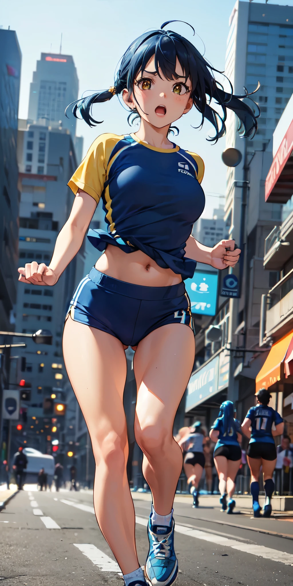 ((girl running in city)), (rastos de luz atras da garota), (motion blur, profundidade) (fotorrealista:1.4), (obra de arte, luz lateral, Belos olhos lindos: 1.2), obra de arte*retrato, realista, Rosto 3D, yellow eyes, cabelo brilhante, pele brilhante, Embarrassing, (Epigastric), sport clothing, blue hair, crowd running too, speed effect