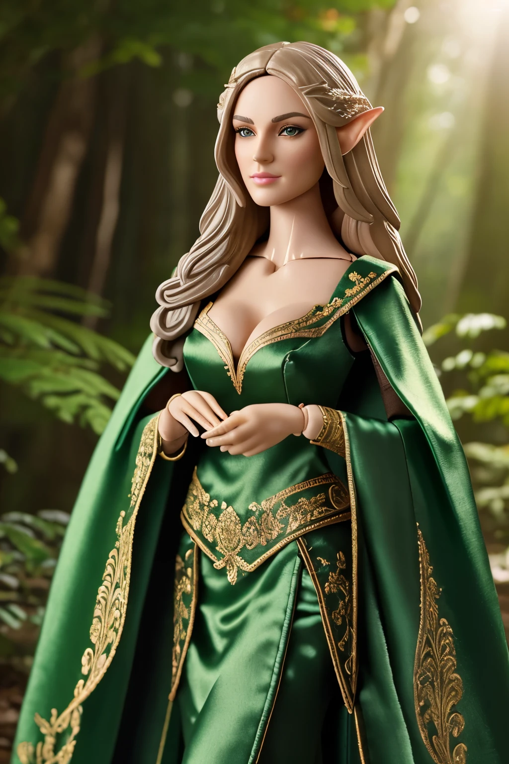 Masterpiece illustration, very detailed face, an immortal elf with timeless beauty, long elegant slim face, defined cheekbones, stunning and beautiful smile, detailed eyeliner and eyeshadow, elegant light hair, enchanting and elegant, detailed full cleavage, very sexy and slim figure, elegantly sexy, silk cape, fine green silk clothes, in a vibrant magical forest, ambient light, rim light, (action figure:1.3), diorama toy set