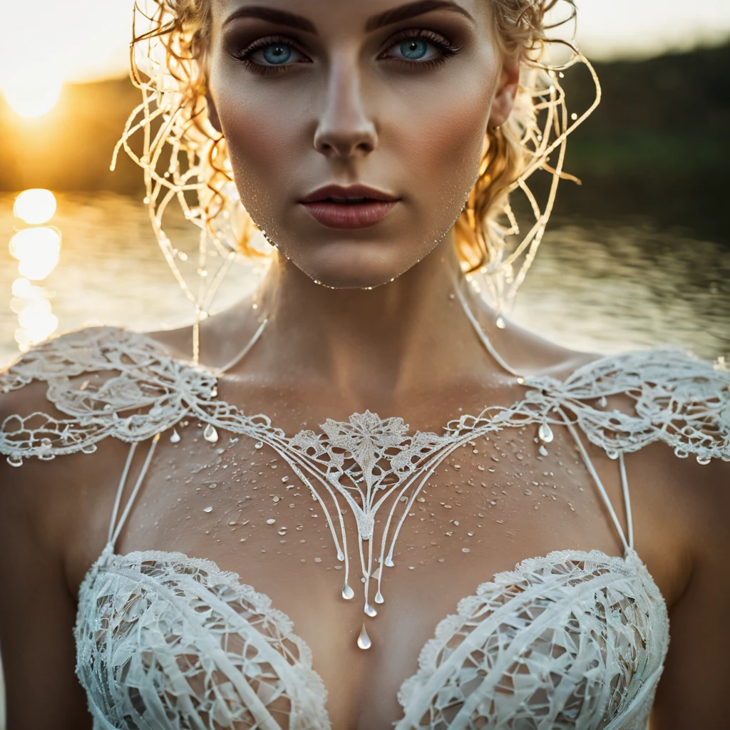 woman 25 years old large neckline, waist-length portrait :: slim waist + Grotesque, symbolism, minimalism, surrealism, ((macro detail)), double exposure, nature of water drops, metamorphosis, contours, thin lines, lace fabric, colourful fashion, glamour, scandi - focal point face, bokeh background, beautiful + professional photography, 32k, 24mm lens, 1/250s, f/3. 5, ISO 100, high resolution + high + detail, bright lighting, golden hour
