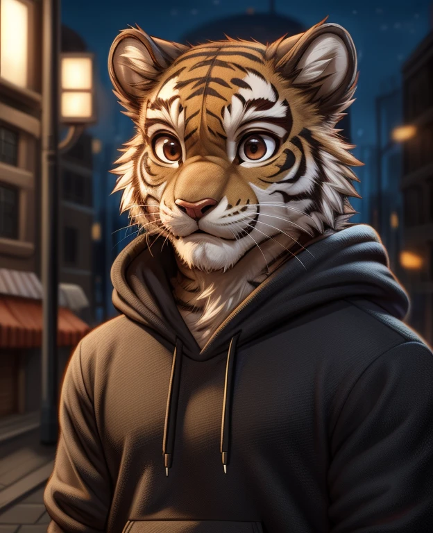 by kenkert, by totesfleisch8, (by thebigslick, by silverfox5213:0.8), (by syuro:0.2),, Brutus Two Kinds, Two children, (best quality, masterpiece:1), alone, Furry male human, dark brown eyes, gold fur, black fur, Two color color striped tiger body ,portrait, , looking at the audience,Black sweatshirt ，Tigertail, strong, (Blurred urban ruins background:1.1),