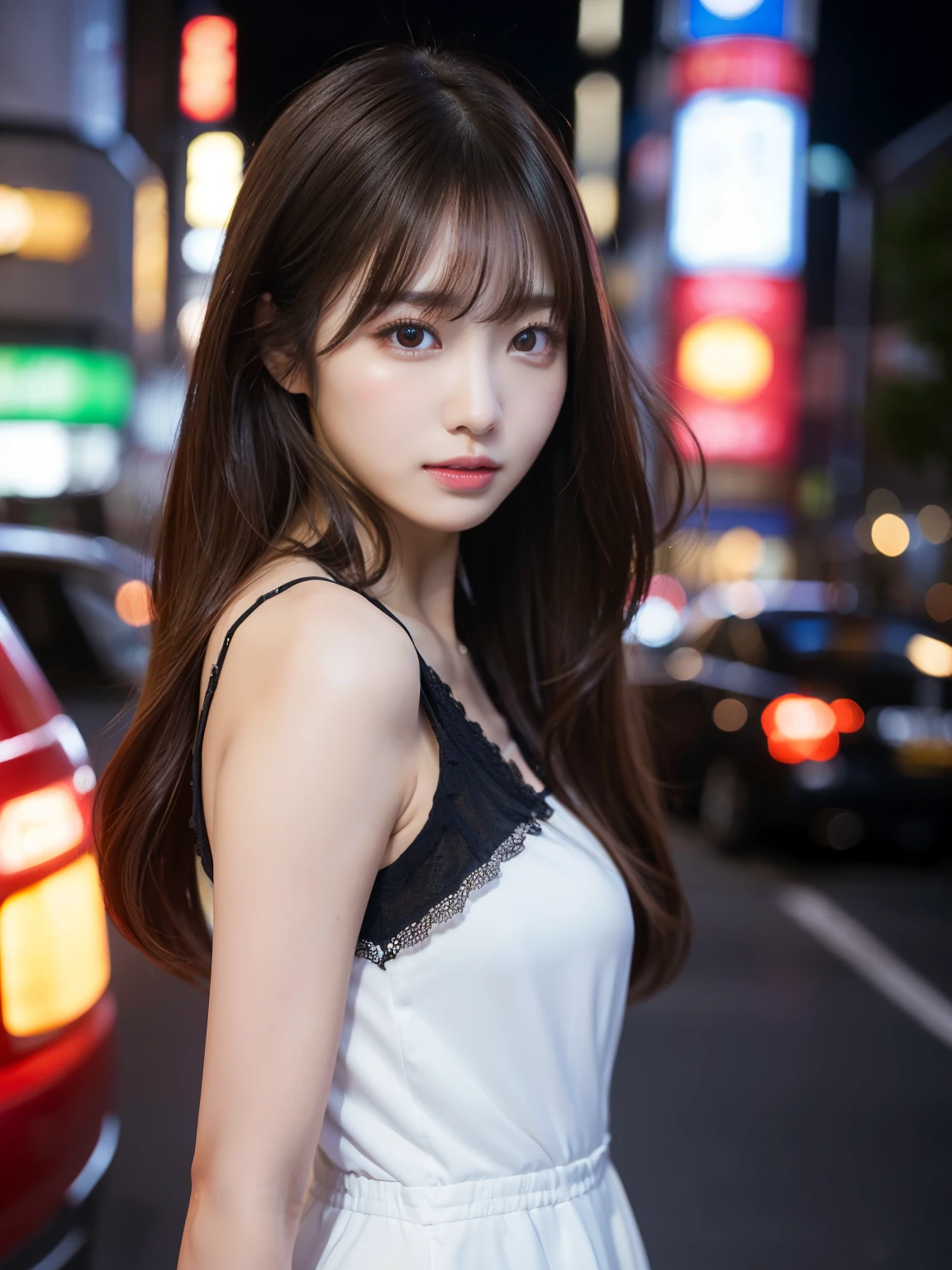masterpiece、one beautiful girl、detailed eyes、bulging eyes、highest quality, 超High resolution, (reality: 1.4), cinematic lighting、Japanese、asian beauty、Korean、Super beautiful、Shining beautiful skin、slender、The body is facing forward、(Super realistic)、(High resolution)、(8K)、(very detailed)、(美しくdetailed eyes)、(Super detailed)、 (wallpaper)、detailed face、the lighting is bright、professional lighting、look at viewer、Facing straight ahead、The costume is a black dress...、46-point diagonal bangs、night scene、brown hair、japanese idol、korean idol、Gravure idol、actress、19 years old、tall、(dynamic pose, dynamic angle:1.3), random pose, random angle,