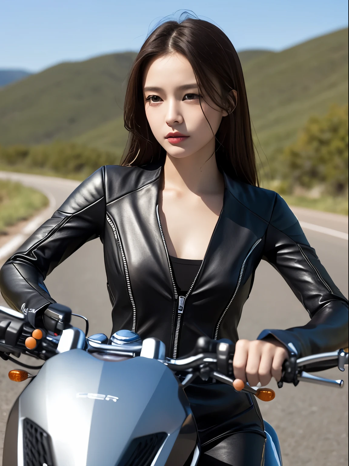 ((best quality)), ((masterpiece)), perfect face、(Detailed Motorcycle)、Female android body