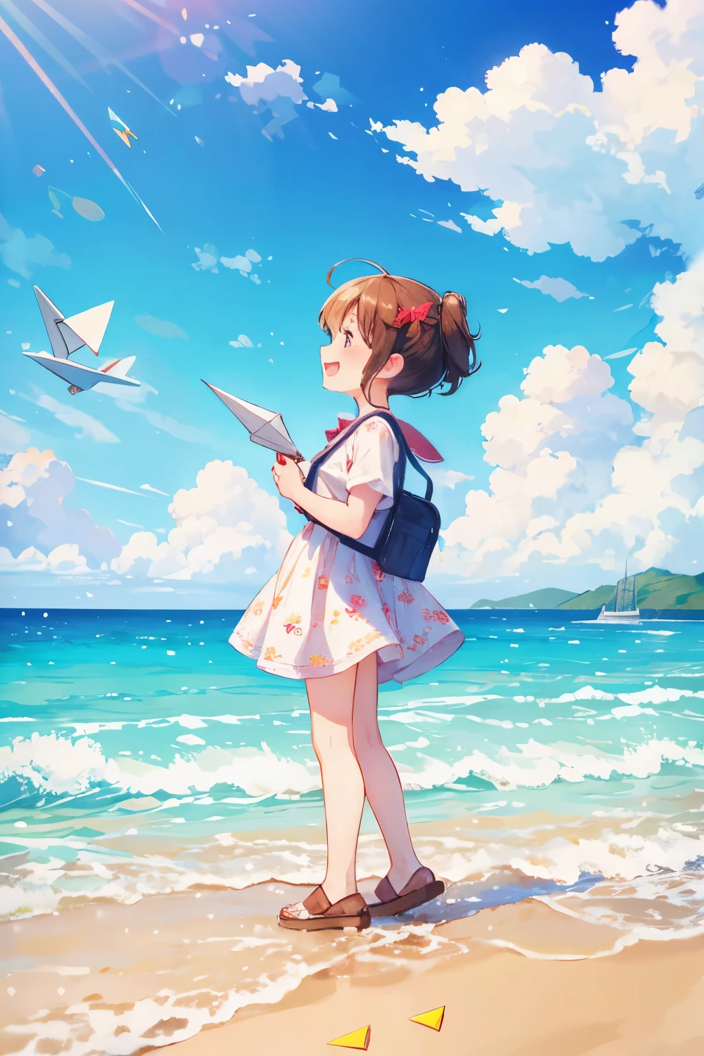 *********** outdoors，portrait of a full body，5**ars old，((paper airplane))，happily laughing，mini cute **ddler、Taken from the side、Strong bokeh、sand beach