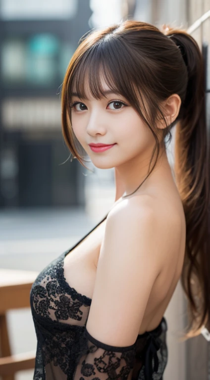 masutepiece, Best Quality, Illustration, Ultra-detailed, finely detail, hight resolution, 8K Wallpaper, Perfect dynamic composition, Beautiful detailed eyes,Ponytail Hair, beautiful breasts,  natural color lip, Bold sexy poses,Smile, full body shot、20 years girl、Cute、Sexy shot looking at camera, naked, pink nipples