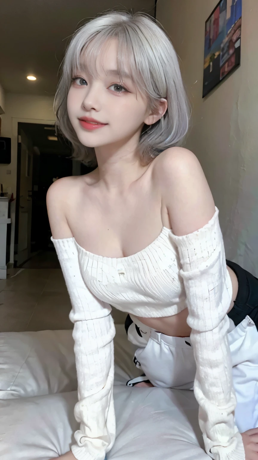 best image quality、RAW photo、ultra high resolution、21 years old Korean、small breasts、dynamic angle、cowboy shot、The most beautiful forms of chaos、elegant、innovative design、vivid colors、beautiful white hair、short bob、smile、glossy white skin、beautiful eyes with random colors、Very beautiful eyes down to the details、thin lips、detailed beautiful eyes、elongated eyes、pale pink cheeks、long eyelashes、beautiful double eyelids、eye shadow、city、White big sweater、baggy pants、shot from the side、get down on all fours、sexy pose、zoom up