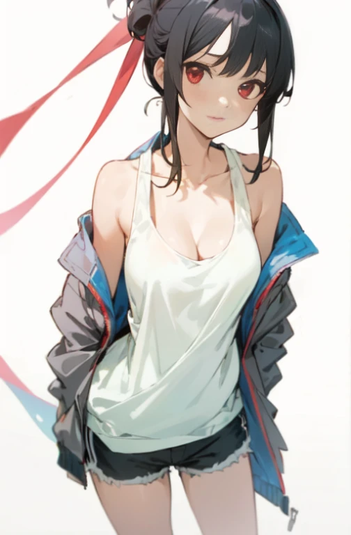 (((masterpiece))), red eyes, 1 girl, alone, looking at the viewer, chignon, black hair, long sleeve, cleavage, medium breasts, closed mouth, clavicle, Jacket, white tank top, open Jacket, black Jacket, shorts,Expressionless,Two-dimensional beautiful girl,anime beautiful girl,Cool Beautiful Girl