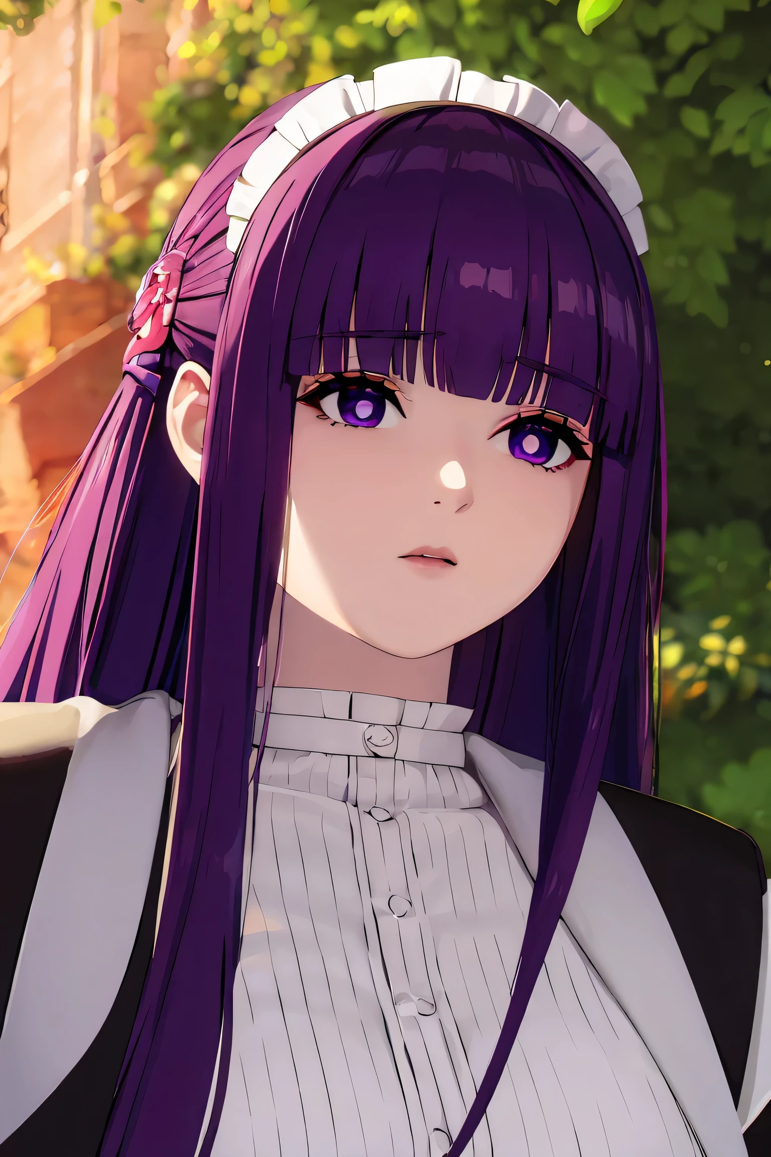 fern, long hair, bangs, (purple eyes:1.1), purple hair, sidelocks, blunt bangs, (bright pupils:1.5), half updo, BREAK dress, puffy sleeves, underboob, maid apron, maid headdress, BREAK looking at viewer,walking,pose, hand on hip BREAK outdoors, BREAK (masterpiece:1.2), best quality, high resolution, unity 8k wallpaper, (illustration:0.8), (beautiful detailed eyes:1.6), extremely detailed face, perfect lighting, extremely detailed CG, (perfect hands, perfect anatomy),