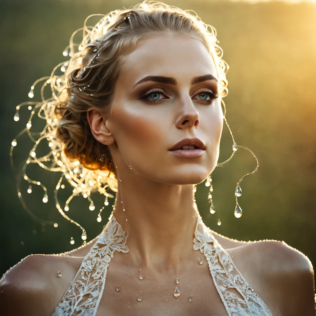woman 25 years old large neckline, waist-length portrait :: slim waist + Grotesque, symbolism, minimalism, surrealism, ((macro detail)), double exposure, nature of water drops, metamorphosis, contours, thin lines, lace fabric, colourful fashion, glamour, scandi - focal point face, bokeh background, beautiful + professional photography, 32k, 24mm lens, 1/250s, f/3. 5, ISO 100, high resolution + high + detail, bright lighting, golden hour