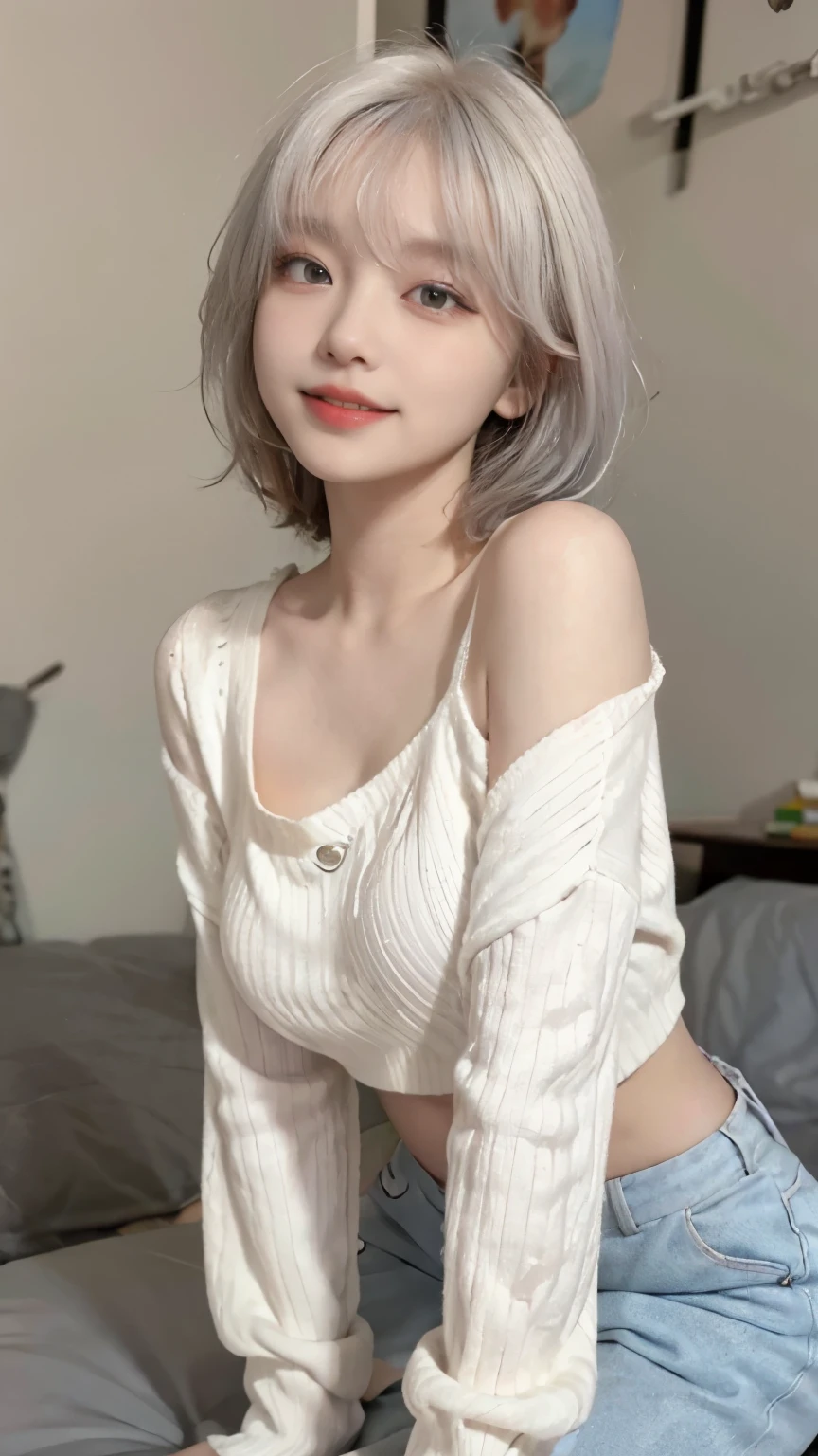 best image quality、RAW photo、ultra high resolution、21 years old Korean、small breasts、dynamic angle、cowboy shot、The most beautiful forms of chaos、elegant、innovative design、vivid colors、beautiful white hair、short bob、smile、glossy white skin、beautiful eyes with random colors、Very beautiful eyes down to the details、thin lips、detailed beautiful eyes、elongated eyes、pale pink cheeks、long eyelashes、beautiful double eyelids、eye shadow、city、White big sweater、baggy pants、shot from the side、get down on all fours、sexy pose、zoom up
