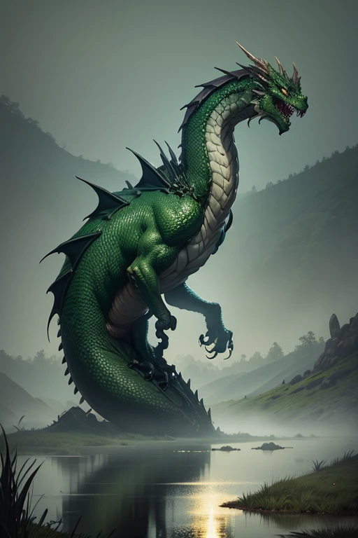 monster green dragon foggy wetland