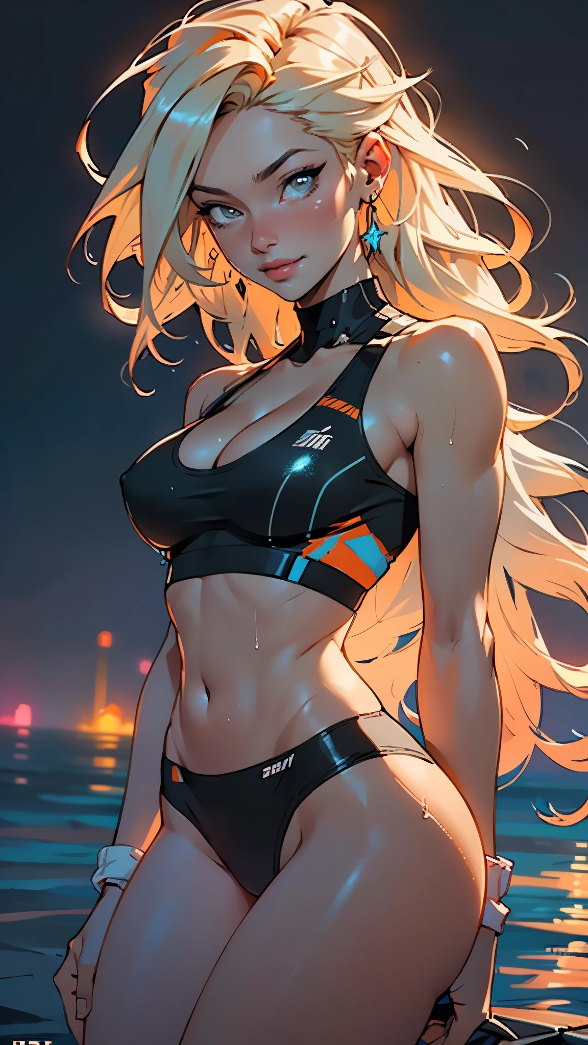 girl sporty,((attractive girl)),
(large breasts:1.4),saggy breasts,(((absurdly long unkept hair,blonde hair,very long hair,voluminous hair,Thick hair,Dense hair,long hair,colored inner hair))),((heterochromia:1.5, (orange_eye and blue_eye))),intricate eyes,beautiful detailed eyes,symmetrical eyes,((fat))(((lustrous skin:1.5,bright skin: 1.5,skin tanned,shiny skin,very shiny skin,shiny body,plastic glitter skin,exaggerated shiny skin,illuminated skin, wet legs))),(spider lower abdomen,narrow waist,wide hip,athletic body,inflated legs, thick thighs,detailed body,(detailed face)),
cute,slutty,seductive,erotic,(((nsfw))),
((tight sports bra, tight sports panties, (orange and black clothes))),(((cleavage))),((wet clothes,intricate outfit,intricate clothes)),
(dynamic pose:1.0),coquette,smiling,(centered,scale to fit dimensions,Rule of thirds),
cyberpunk city by the ocean at night, with bright neon signs and dark stormy clouds and puddles, scenery:1.25,nighttime, starry night, cosmos,Very dark night that makes the neon lights stand out, very bright neon lights,
artistic photography,(photography taken by sldr),highres, sharp focus,(ultra detailed, extremely detailed), (photorealistic artwork:1.37),(extremely detailed CG unity 8k wallpaper),((synthwave background theme)),(((vibrant colors))),intricate,(intricate background),(masterpiece),(best quality),perfect rendered face,perfect face details,realistic face,photo realistic,analog style,((intricate detail)),(((realism))),