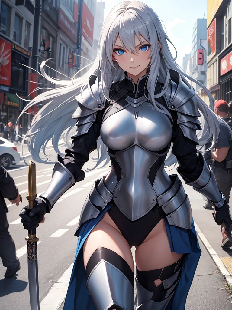 Female knight, leotard armor, long silver hair, blue eyes, smiling, walking in the crowded city, holding a weapon in hand, big bust