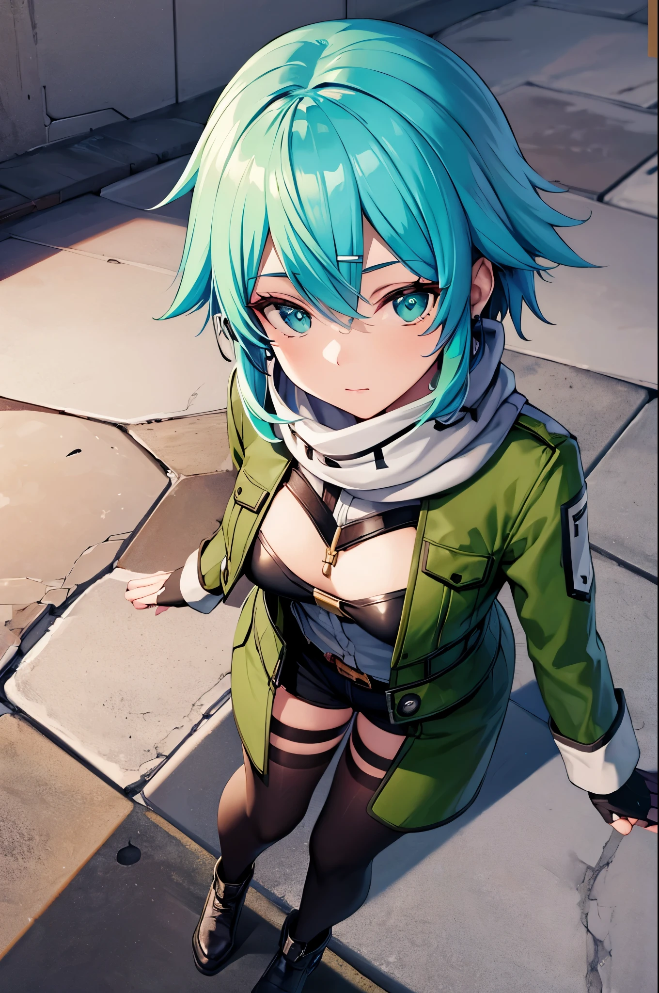 (masterpiece), best quality, expressive eyes, perfect face, highres, sinon1, scarf, fingerless gloves, long sleeves, short shorts, hair ornament, hairclip, green thighhighs, green jacket, thigh strap, field, ruins background, ruined structures, standing, portrait,  looking at the viewer, (from above:2)