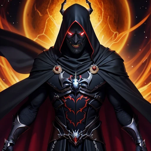 a demonic spider with glowing eyes and a long black cape, with olhos vermelhos brilhantes, evil looking, o ceifador como um assustador, evil villain grin, sorriso maligno e olhos brilhantes, evil villain, com olhos vermelhos brilhantes, dark supervillain, olhos vermelhos brilhantes, Ainz Ooal vestido, omen from valorant, olhar sinistro, ceifador de overwatch