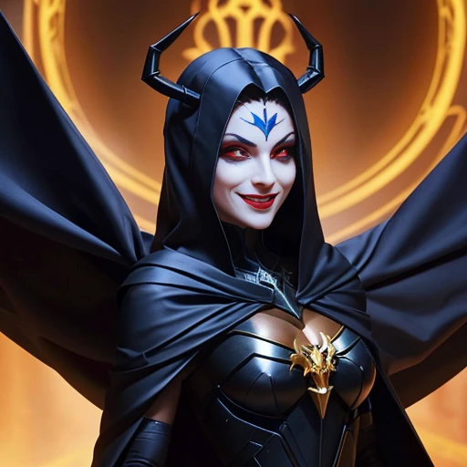 a demonic spider with glowing eyes and a long black cape, with olhos vermelhos brilhantes, evil looking, o ceifador como um assustador, evil villain grin, sorriso maligno e olhos brilhantes, evil villain, com olhos vermelhos brilhantes, dark supervillain, olhos vermelhos brilhantes, Ainz Ooal vestido, omen from valorant, olhar sinistro, ceifador de overwatch