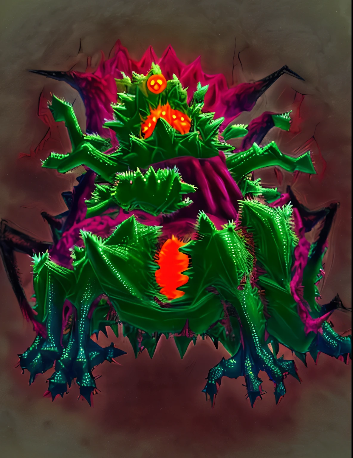 A monstrous creature in a shape of a tower of prickling red flesh, bulging yellow eyes at center, various little dark wings, numerous small hands, instilling a sense of horror