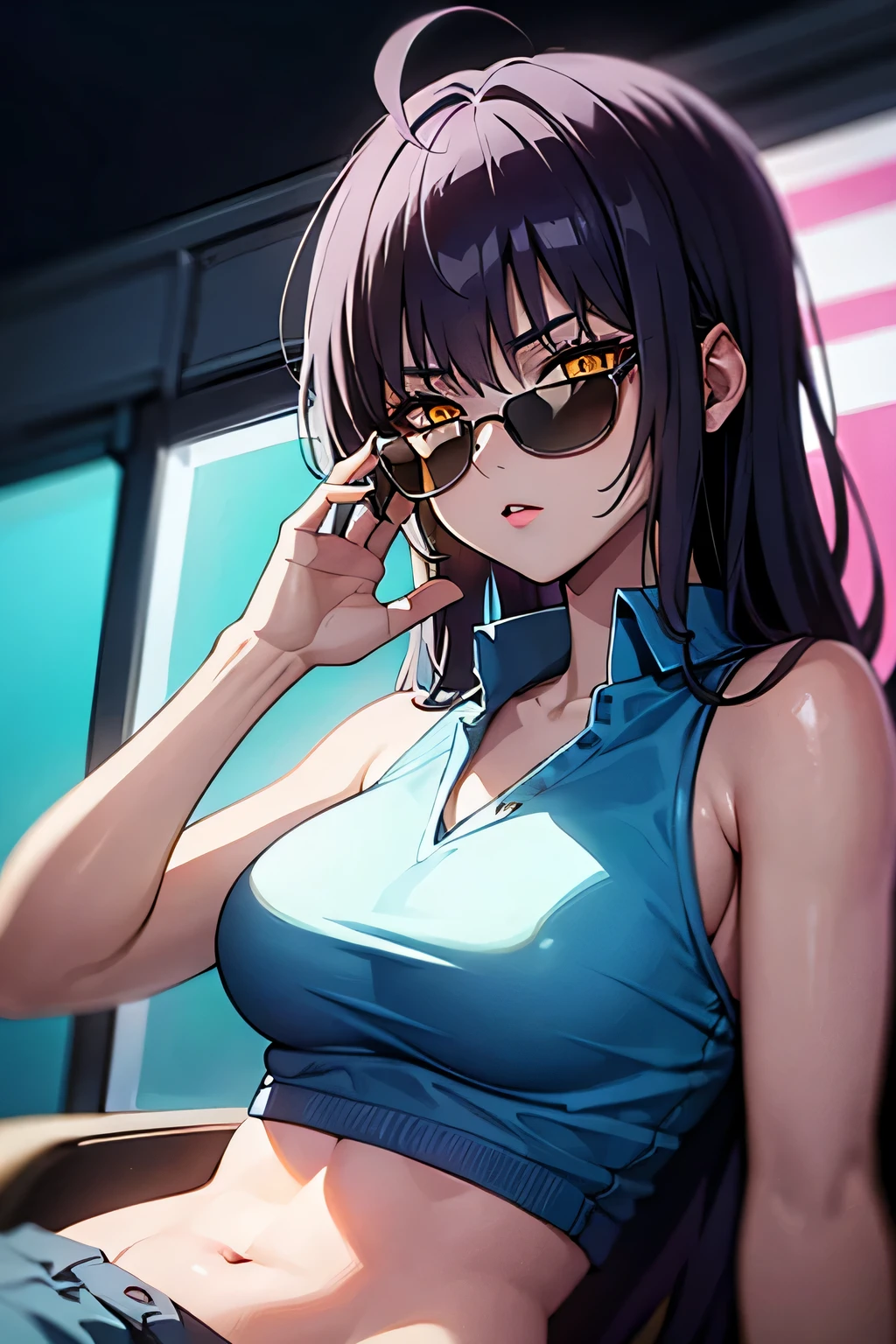 karin kakudate wearing sunglasses, neon lights, 80s vibe, ryan gosling drive