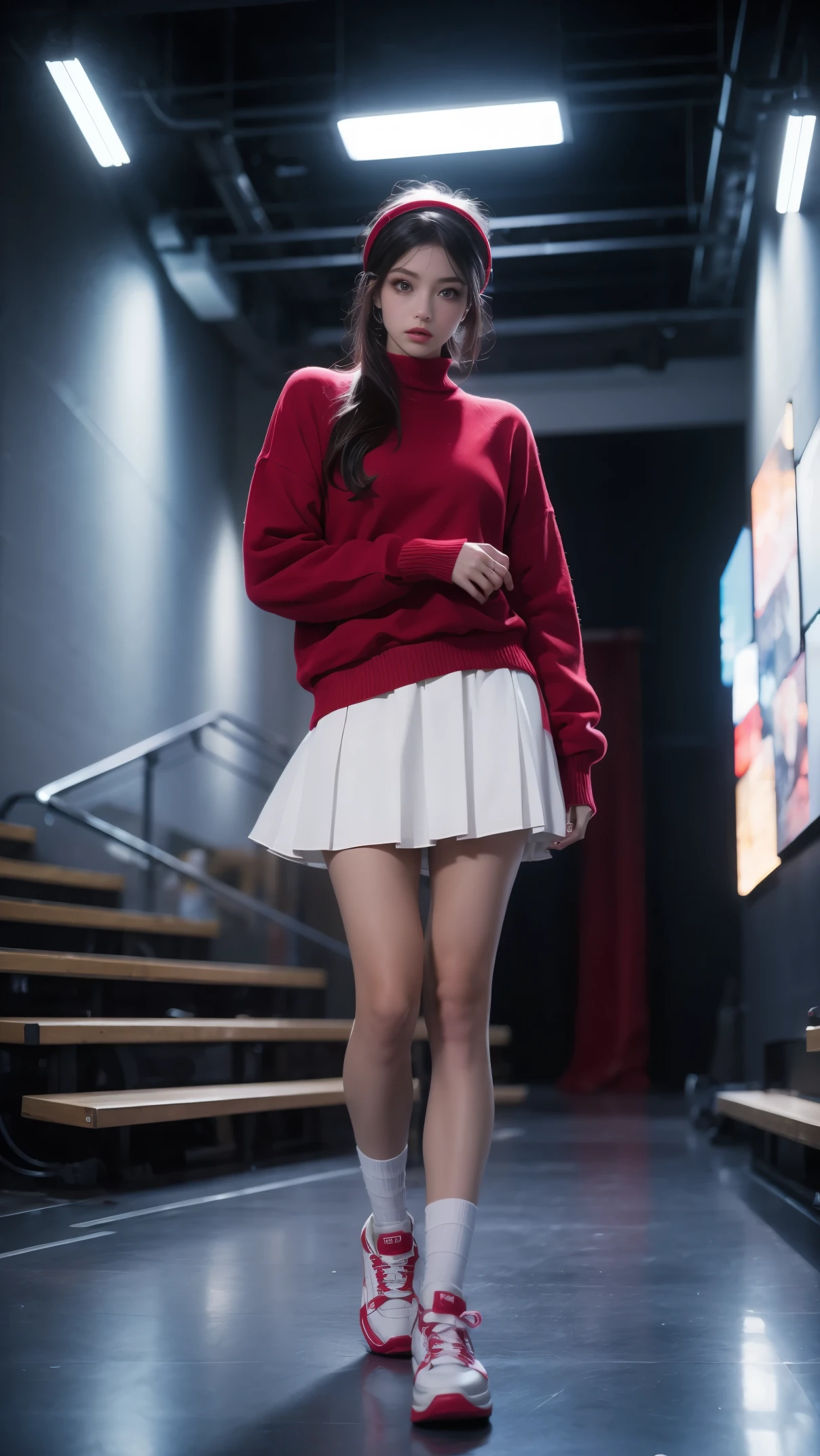 (best quality, masterpiece:1.2), pus, headband, red sweater, ruffled white skirt, sneakers, permanent, looking at the audience, high color contrast, dreamlike lighting