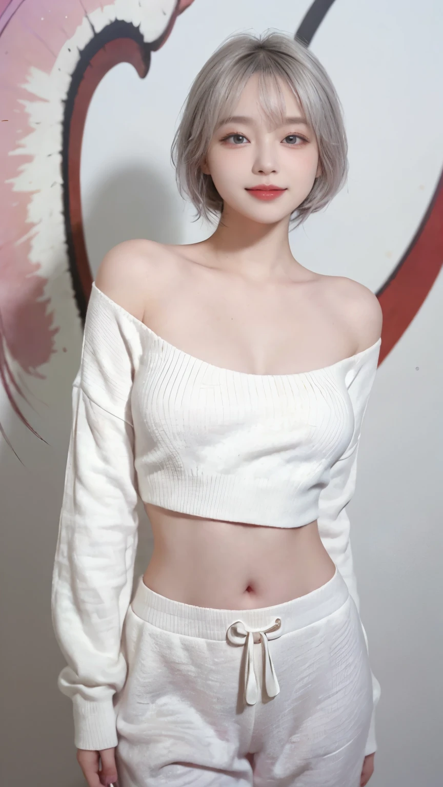 best image quality、RAW photo、ultra high resolution、21 years old Korean、small breasts、dynamic angle、cowboy shot、The most beautiful forms of chaos、elegant、innovative design、vivid colors、beautiful white hair、short bob、smile、glossy white skin、beautiful eyes with random colors、Very beautiful eyes down to the details、thin lips、detailed beautiful eyes、elongated eyes、pale pink cheeks、long eyelashes、beautiful double eyelids、eye shadow、Shi、White big sweater、baggy pants、shot from the side、sexy pose、zoom up