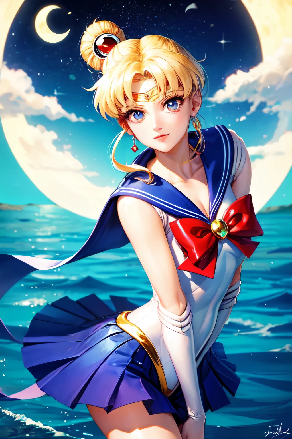 mujer de cabello rubio,
ojos azules,
caminando por la luna,
con cosplay de sailor moon, falda azul